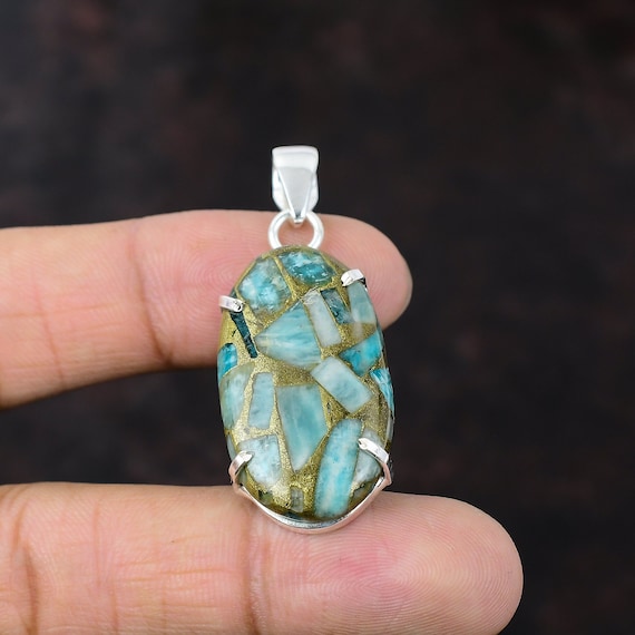 Handmade Copper Amazonite Pendant: 925 Sterling Silver Boho Jewelry