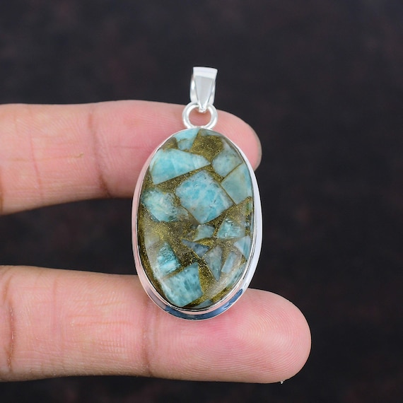 Handmade Copper Amazonite Pendant: 925 Sterling Silver Jewelry