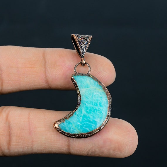 Handmade Amazonite Crescent Moon Pendant: Electroformed Copper Jewelry