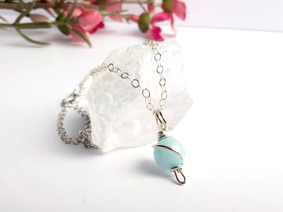 Amazonite Minimalist Dainty Sterling Silver Pendant, Wire Wrapped Amazonite Pendant