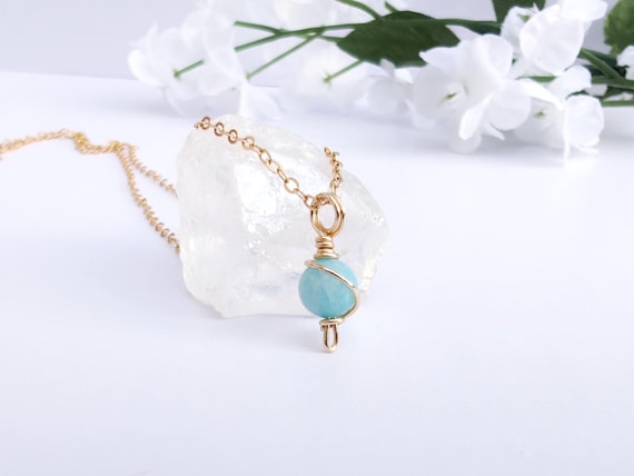 Amazonite Necklace 14k Gold Filled Minimalist Dainty Pendant Natural Gemstone Gift For Her Wire Wrapped Pendant