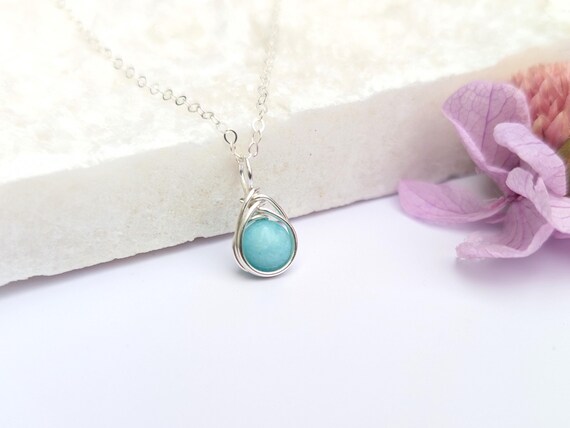 Amazonite Necklace, Minimalist Dainty Sterling Silver Pendant, Wire Wrapped Jewelry