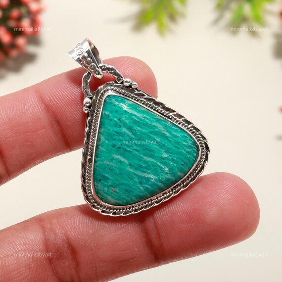 Amazonite Pendant: Trillion Green Gemstone, Sterling Silver Jewelry