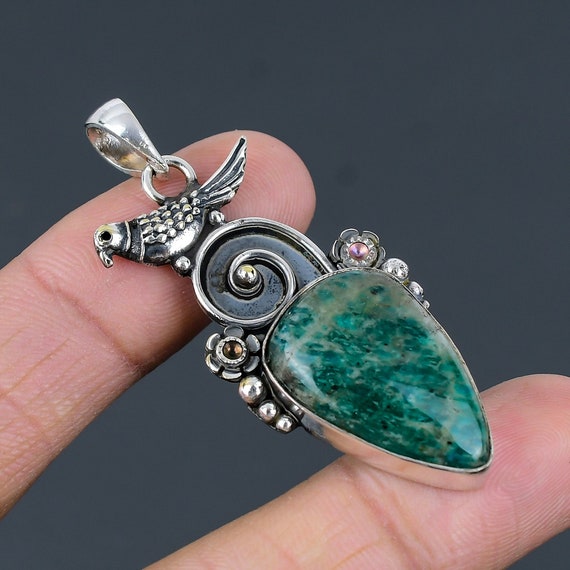 Vintage Amazonite Bird Pendant: Handmade 925 Sterling Silver Jewelry