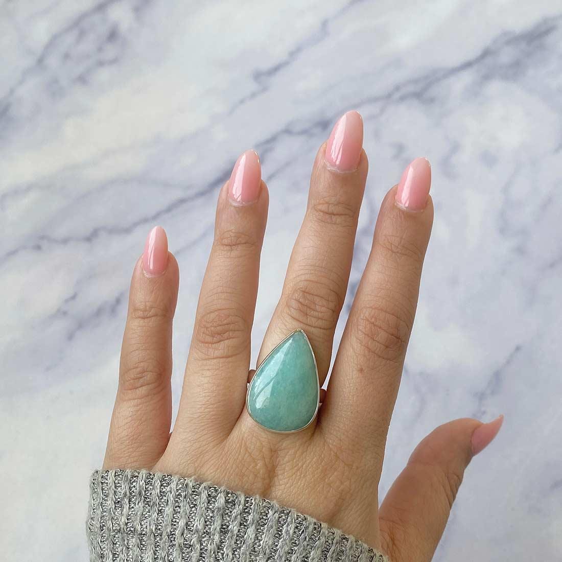 Amazonite Adjustable Ring / 925 Sterling Silver / Healing Gemstone / Gifts For Her / Pear Cab / Amazonite Jewelry / Statement Ring Amz-r-35.