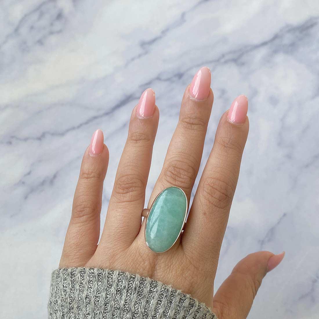 Amazonite Adjustable Ring / 925 Sterling Silver / Healing Gemstone / Gifts For Her / Oval Cab / Amazonite Jewelry / Statement Ring Amz-r-1.