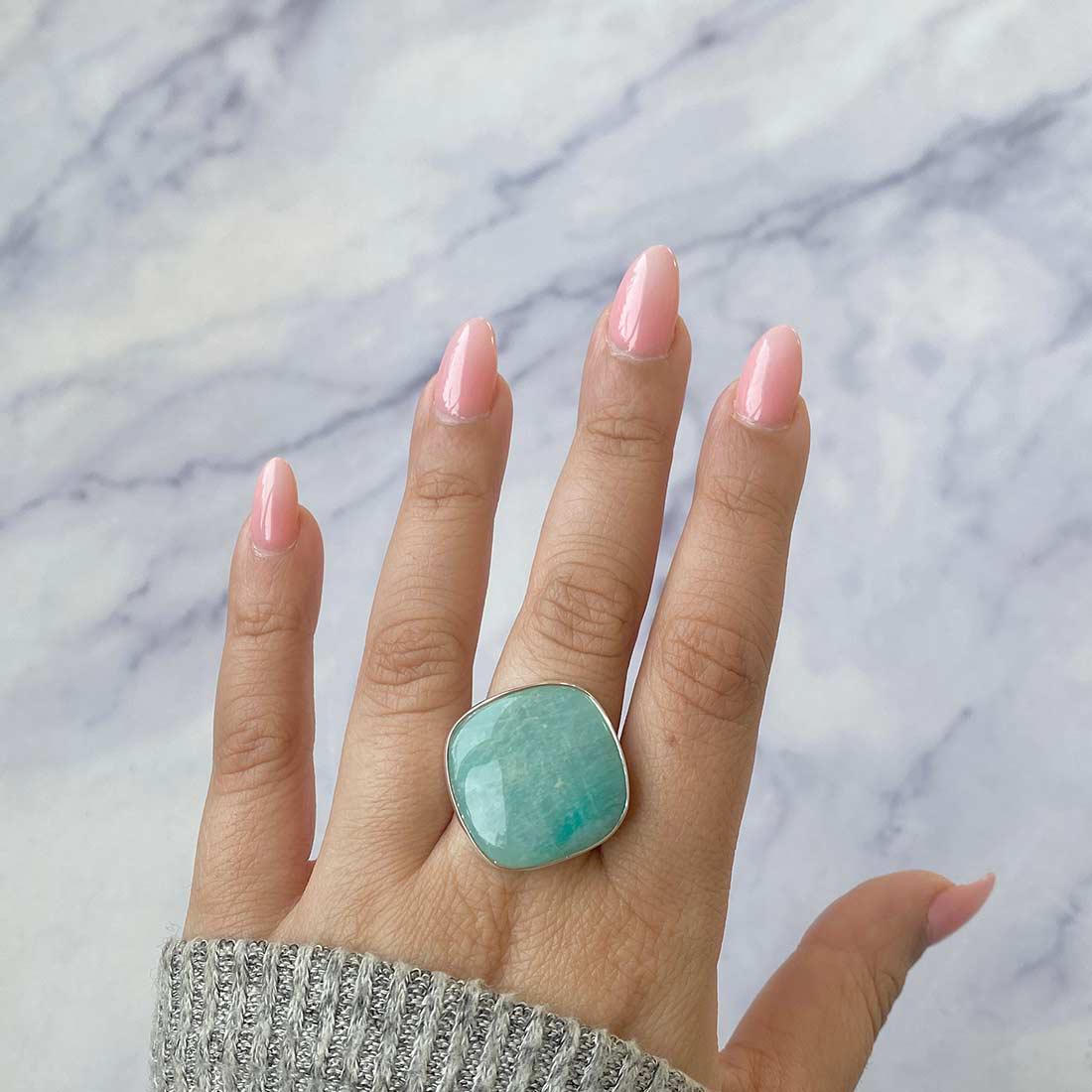 Amazonite Adjustable Ring / 925 Sterling Silver / Healing Gemstone / Gift For Her / Cushion Cab / Amazonite Jewel / Statement Ring Amz-r-11.