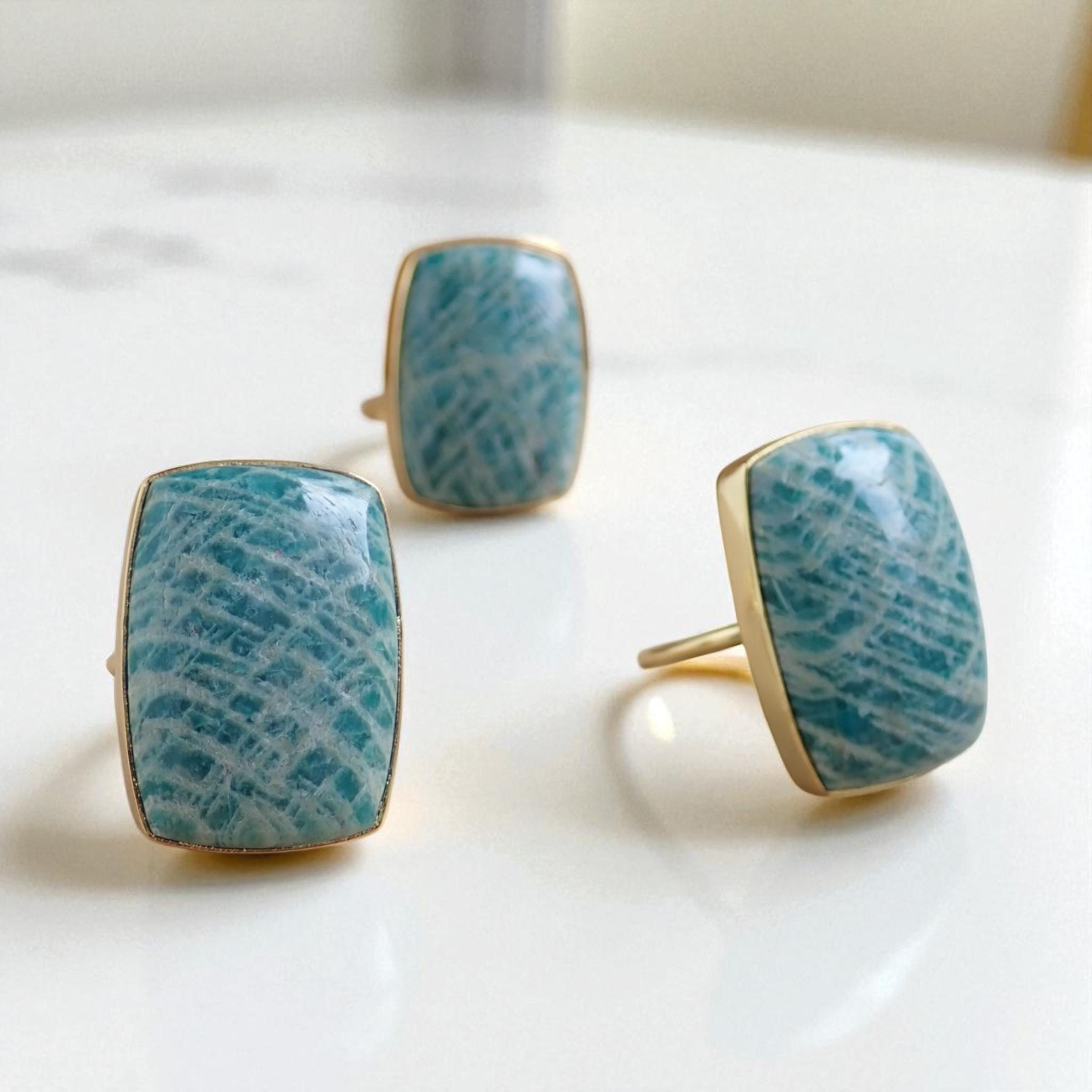 Amazonite Gemstone Statemetnt Ring, Rectangular Green Stone Adjustable Ring, Amazonite Jewelry, Large Cocktail Ring Gold
