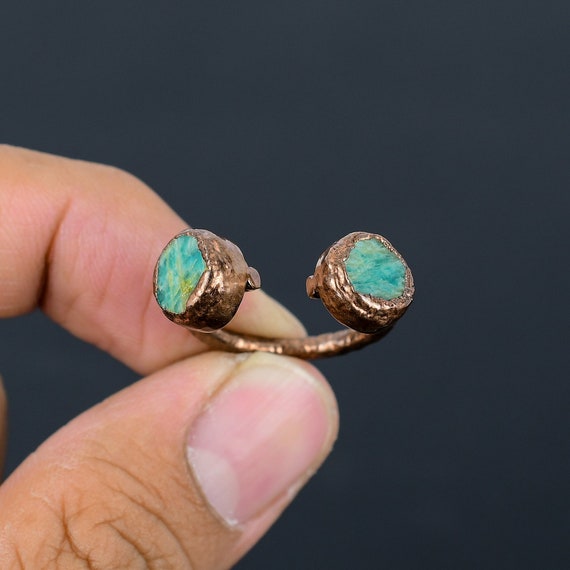 Handmade Amazonite Ring, Electroformed Copper Adjustable Ring