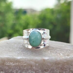 Handmade Amazonite Ring: Hammered 925 Sterling Silver Band, Boho Style Handmade Amazonite Ring: Hammered 925 Sterling Silver Band, Boho Style