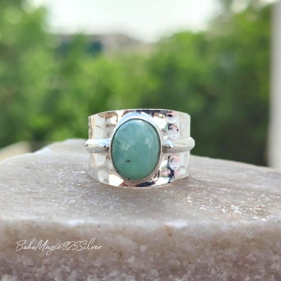 Handmade Amazonite Ring: Hammered 925 Sterling Silver Band, Boho Style