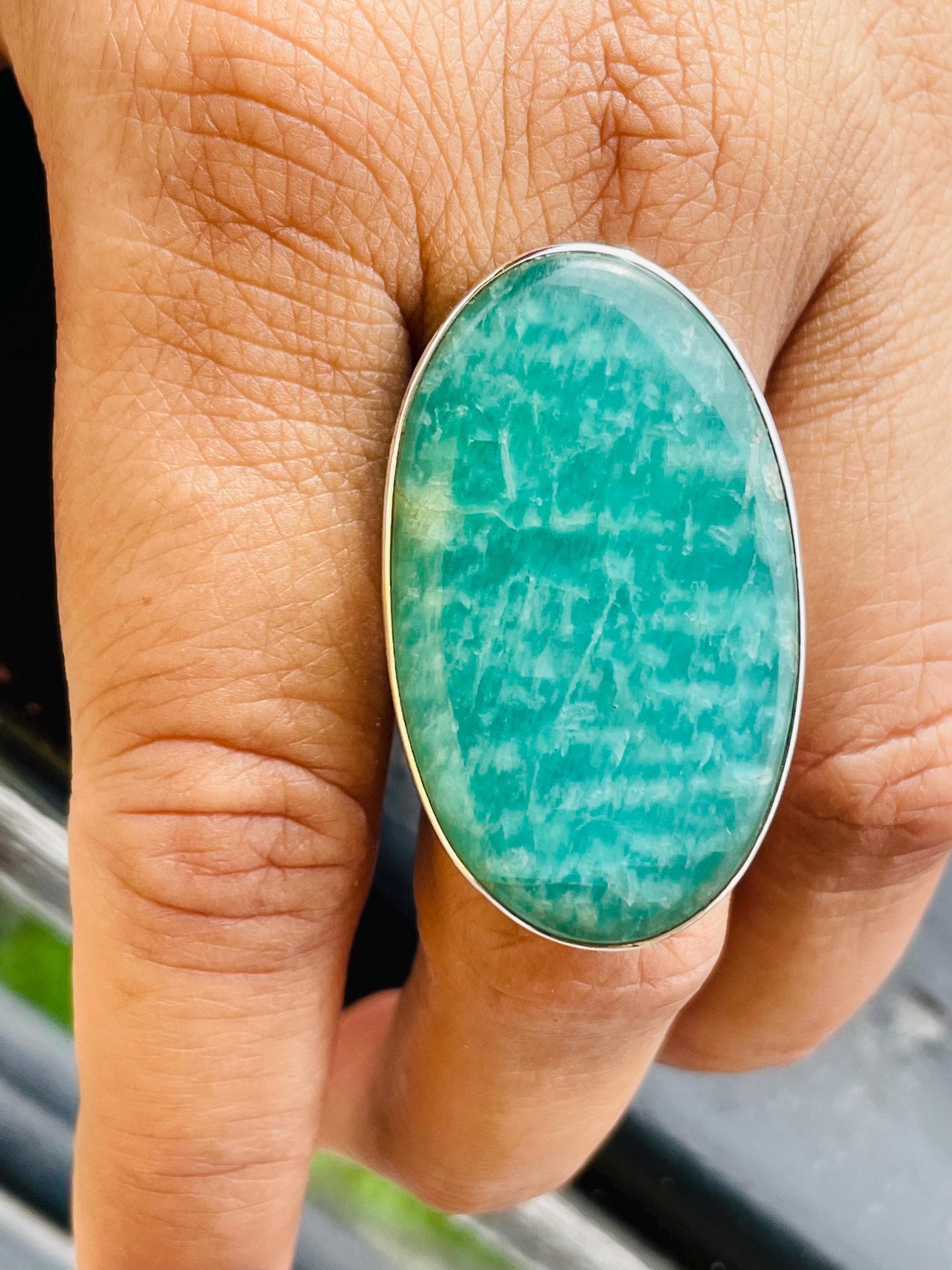 Oval Amazonite Statement Ring, Solid Sterling Silver, Boho Gypsy Jewelry