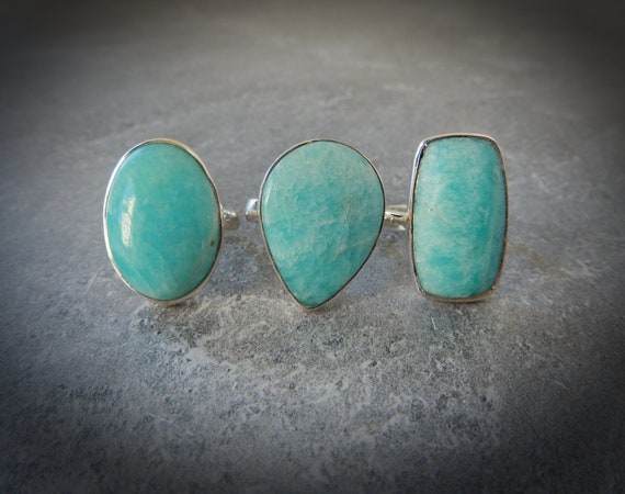 Sterling Silver Amazonite Rings • Adjustable Gemstone Rings •  Blue Green Stone • Calming Stone • Gift For Crystal Lover • Throat Chakra