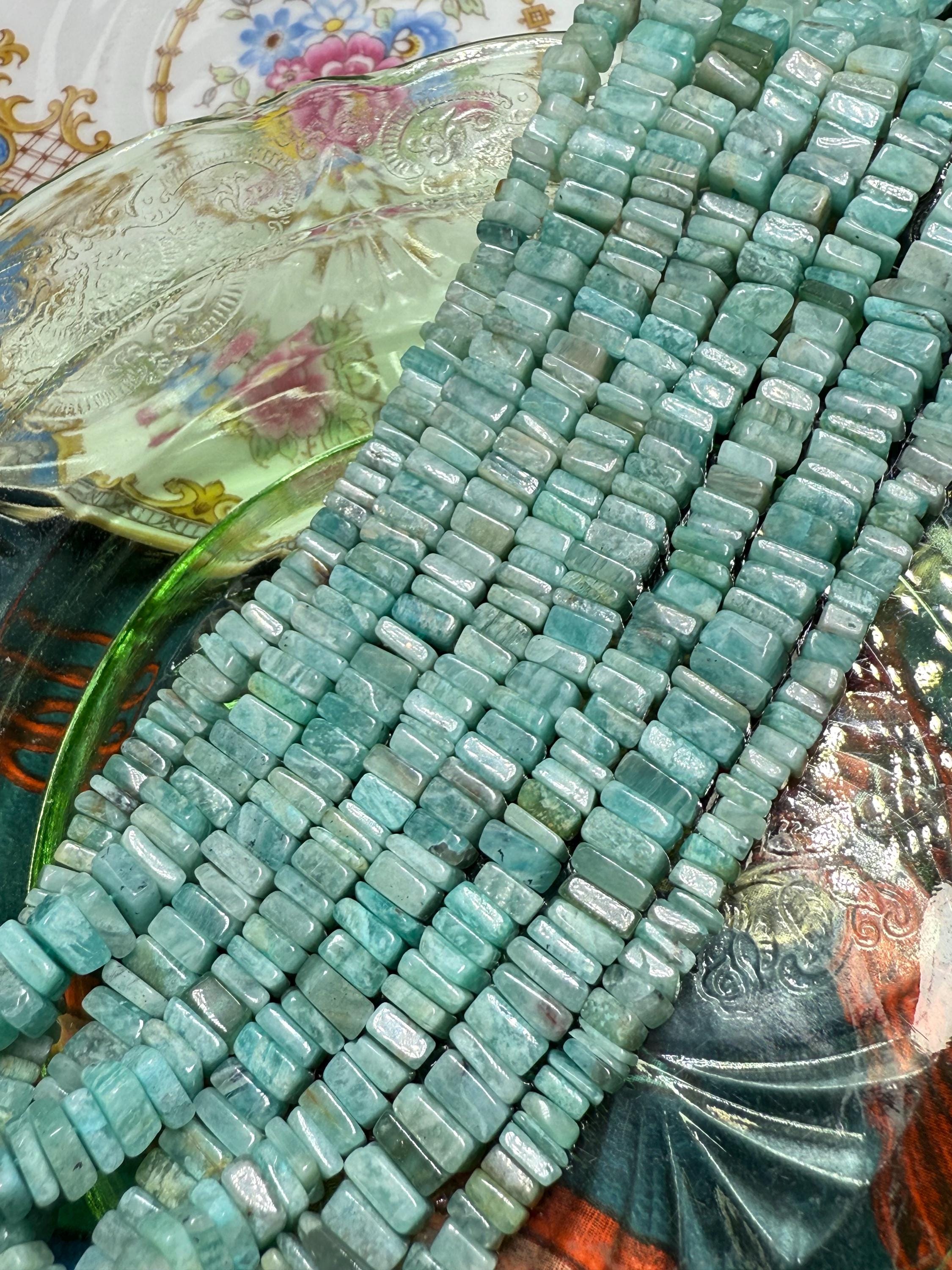 Amazonite Handcut Rustic Green Square Heishi Rondelle Spacer Beads / Natural Green Gemstone Beads/ 5mm Approx