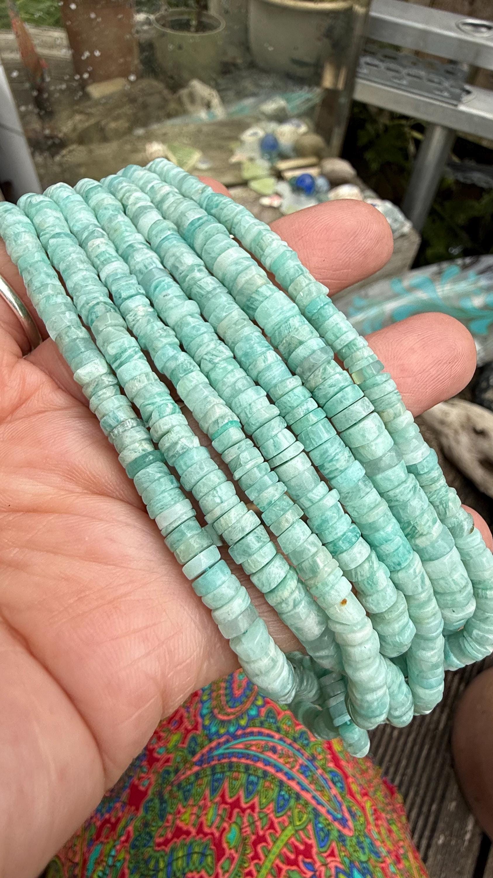 Amazonite Natural Aqua Hand Cut Round Heishi Rondelle Gemstone Spacer Beads 5-6mm With .4mm Hole