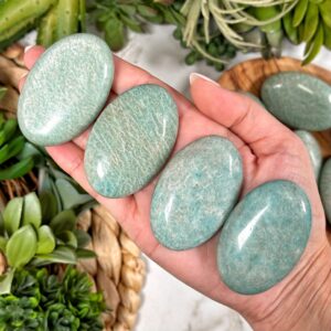 Amazonite Palmstone | 2 In | - No. 169 (polished Blue Crystal Pocket Stone Palm, Throat Chakra, Peace)
