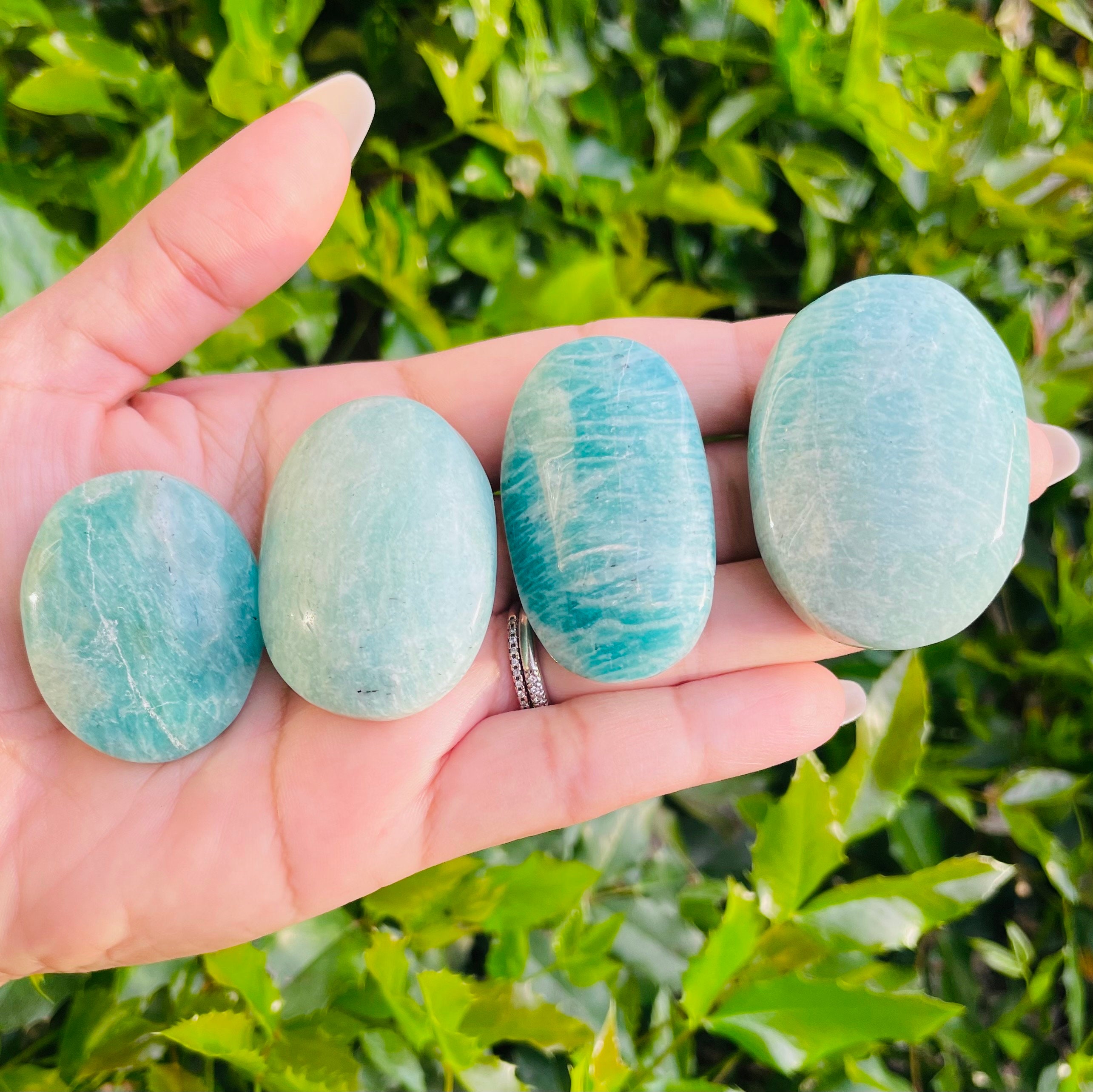 Polished Amazonite Palm Stone: One Natural Crystal Amazonite Gemstone (45-60mm)