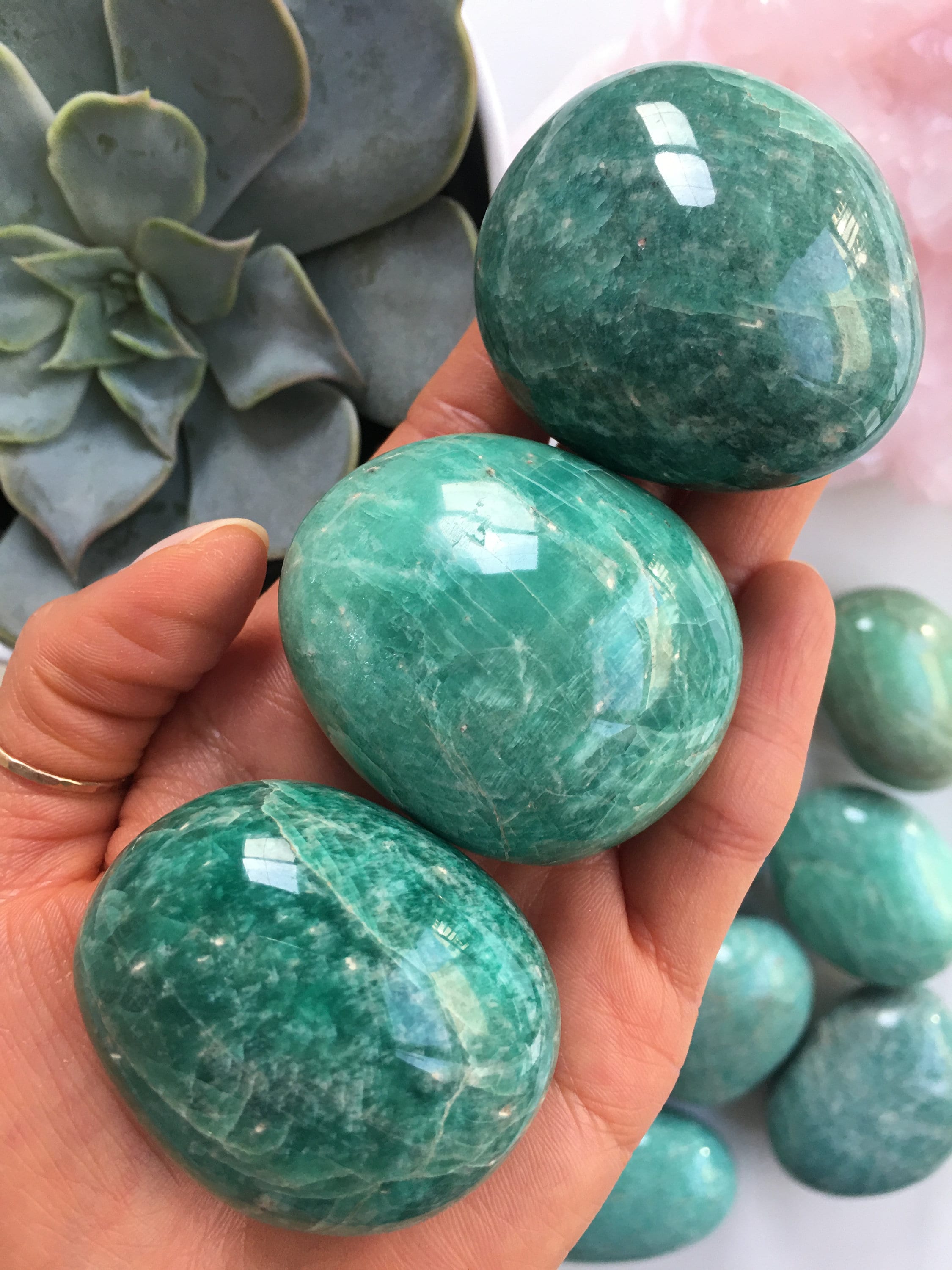 Polished Amazonite Palm Stone, Heart & Throat Chakra Healing