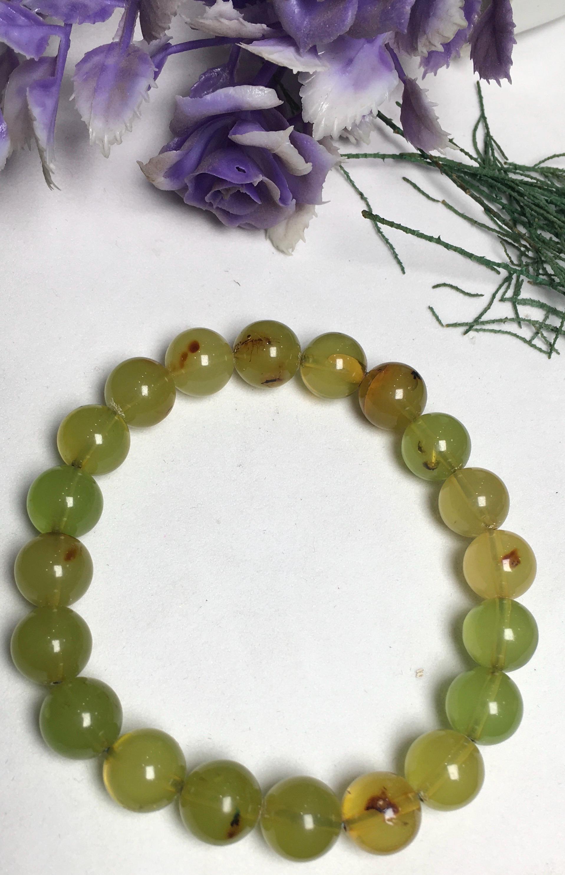 Aaa Natural Light Green Amber , 10mm Smooth Round Gemstone Beaded Bracelet , Handmade Stretchable Wholesale Bracelet , Protection Bracelet