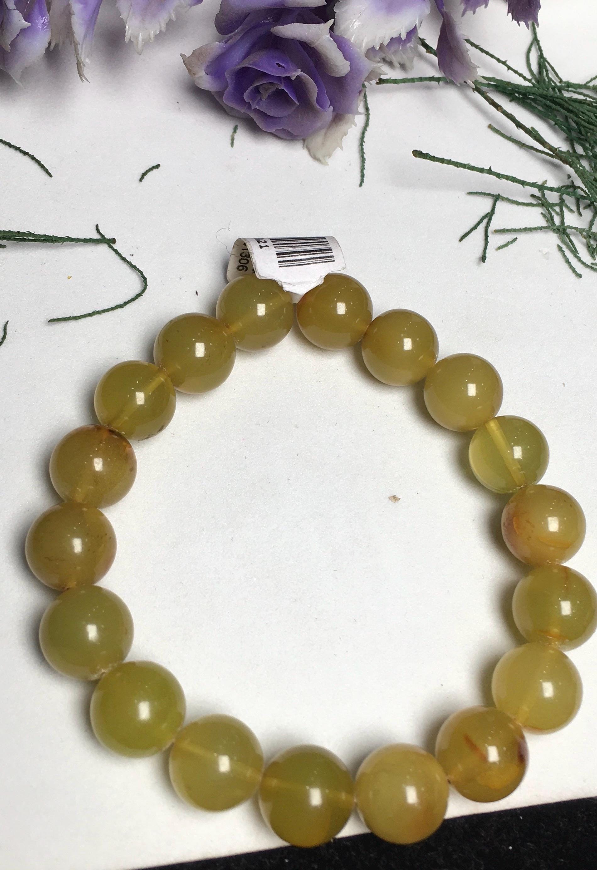 Aaa Natural Light Green Amber , 11mm Smooth Round Gemstone Beaded Bracelet , Friendship Bracelet , Handmade Stretchable Bracelet