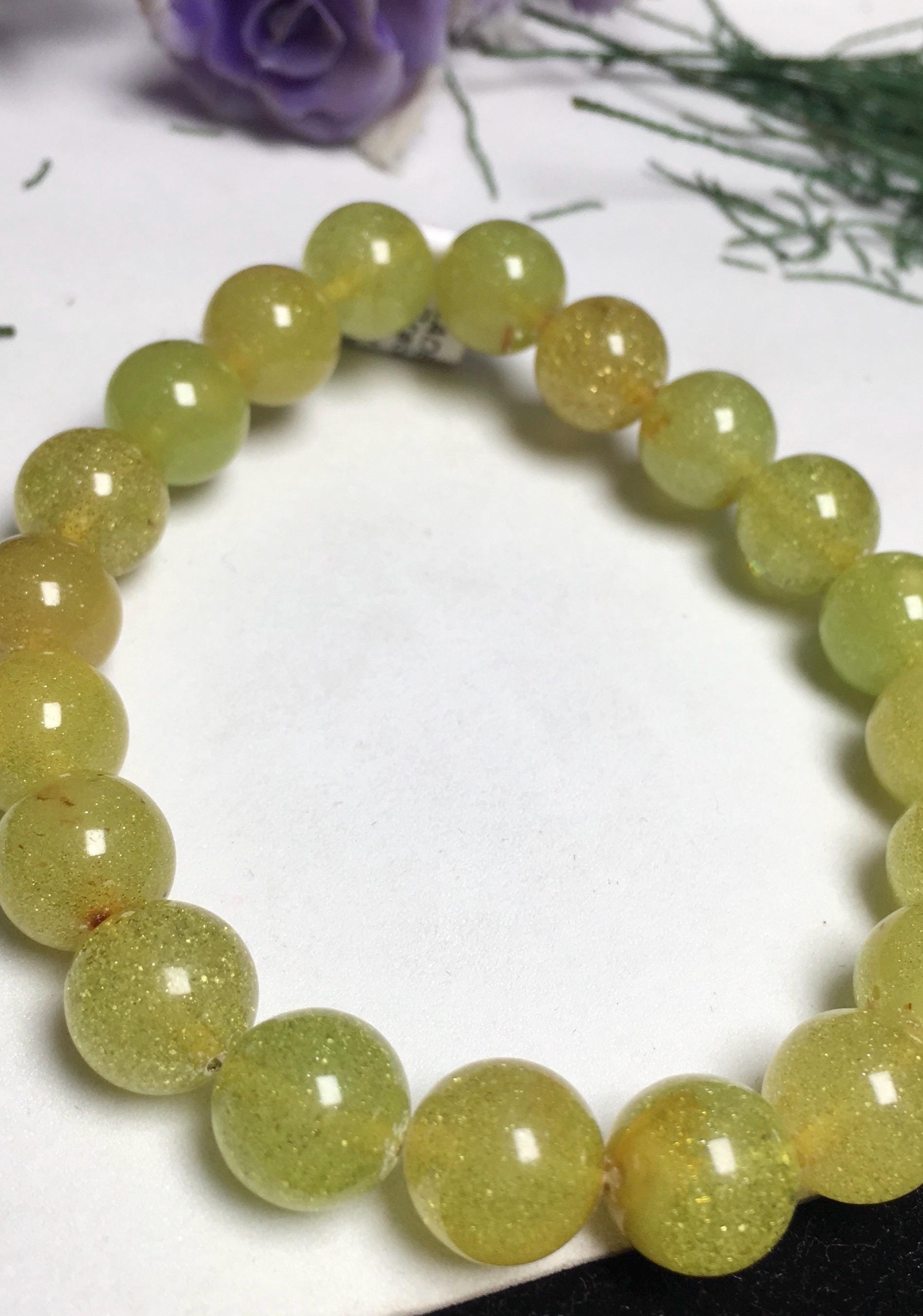 Aaa Natural Light Green Amber , 10mm Smooth Round Gemstone Beaded Bracelet , 7 Inches Handmade Stretchable Bracelet , Protection Bracelet