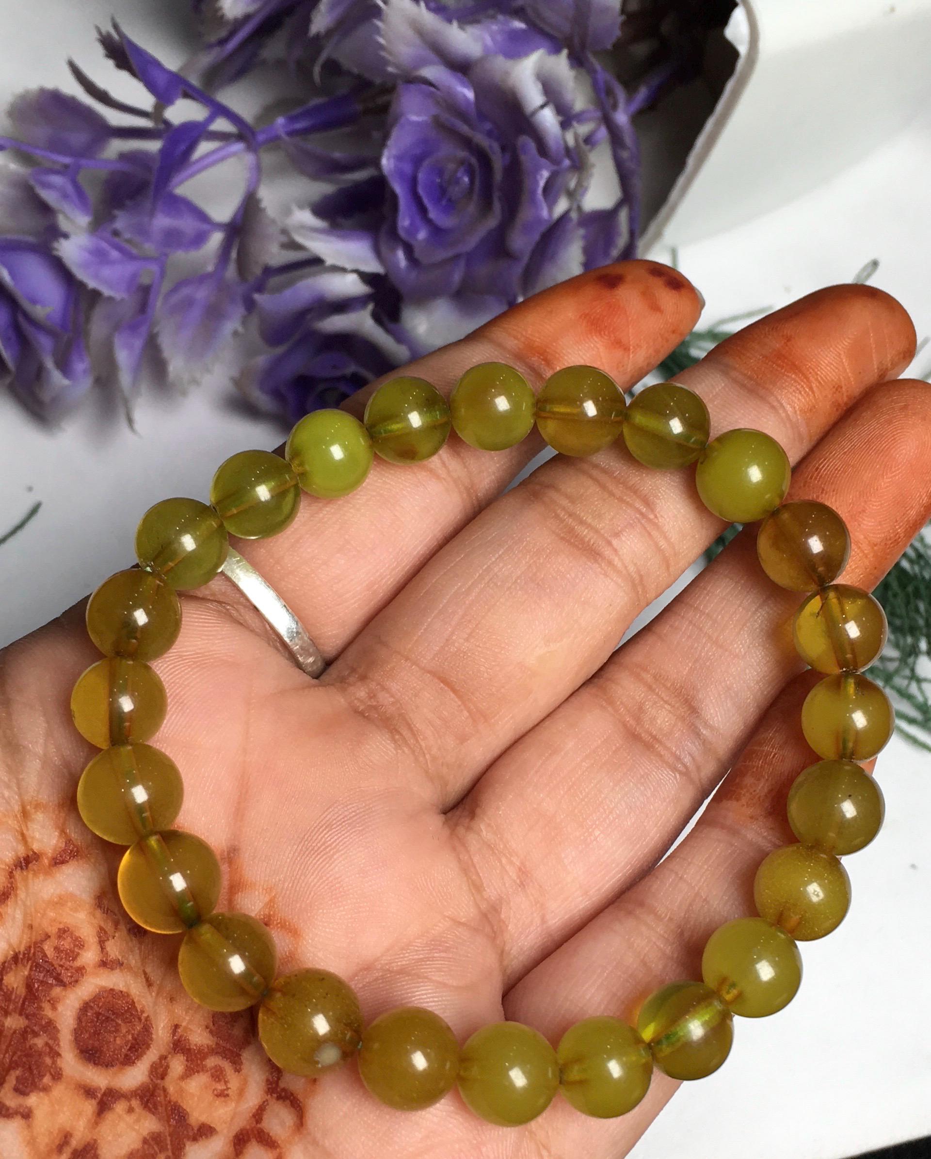 Aaa Natural Greenish And Brownish Amber , 8-8.5 Mm Smooth Round Gemstone Beaded Bracelet , Genuine Amber Bracelet , Adjustable Bracelet