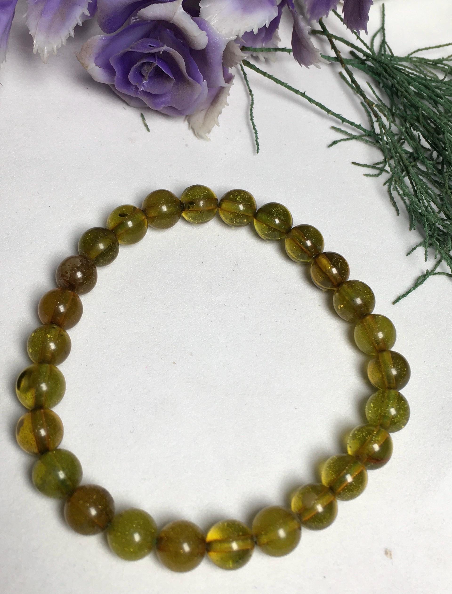 Natural Greenish And Brownish Amber , 7mm Smooth Round Gemstone Beaded Bracelet , Genuine Amber Bracelet , Adjustable Stretch Bracelet