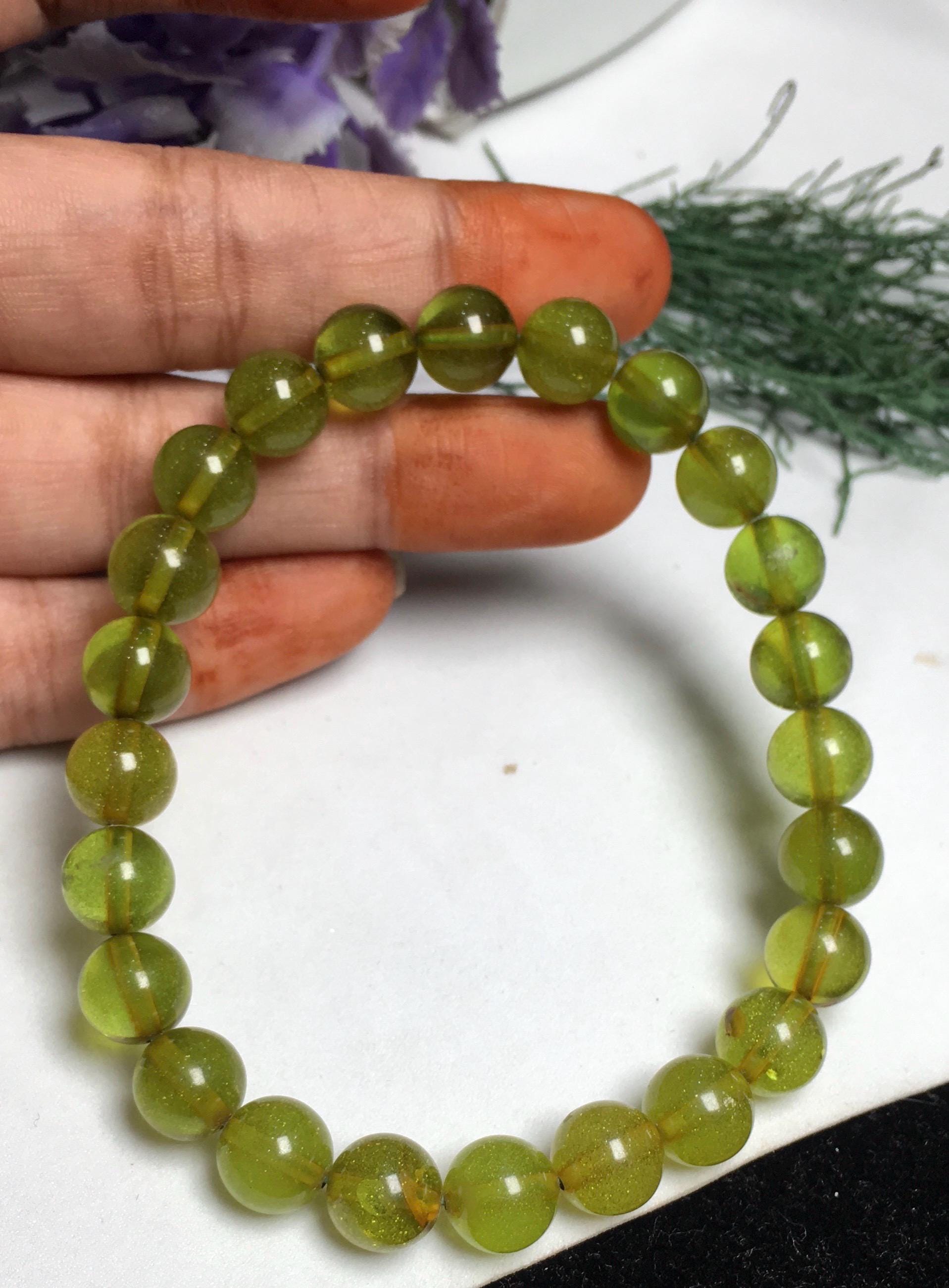 Aaa Natural Greenish And Brownish Amber , 8.5mm Smooth Round Gemstone Beaded Bracelet , 7inches Genuine Amber Bracelet , Adjustable Bracelet