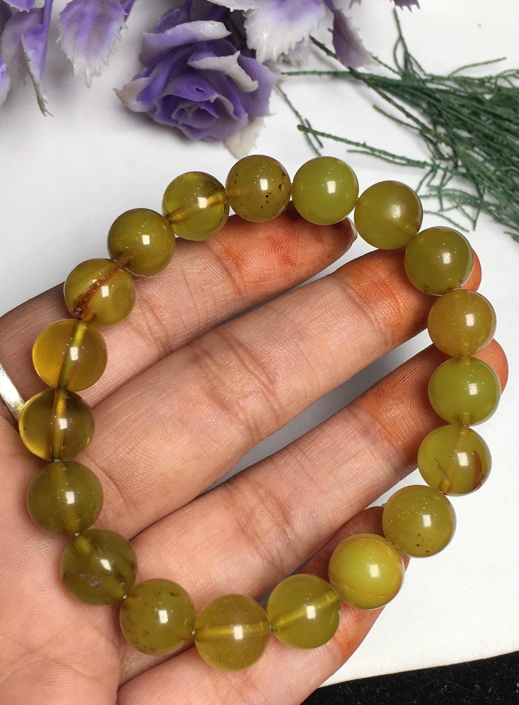 Aaa Natural Greenish And Brownish Amber , 9.5-10 Mm Smooth Round Gemstone Beaded Bracelet , Genuine Amber Bracelet , Adjustable Bracelet