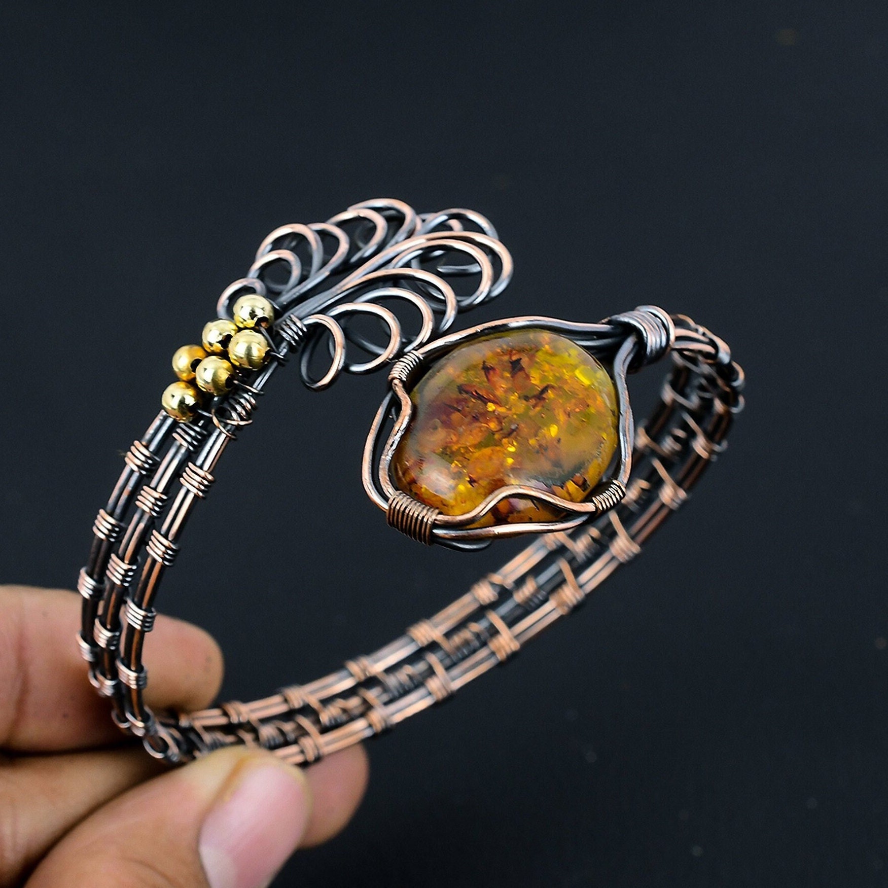 Baltic Amber Copper Cuff Bracelet Baltic Amber Bracelet Copper Wire Wrapped Cuff Bracelet Wire Wrapped Jewelry Handmade Jewelry Gift For Her
