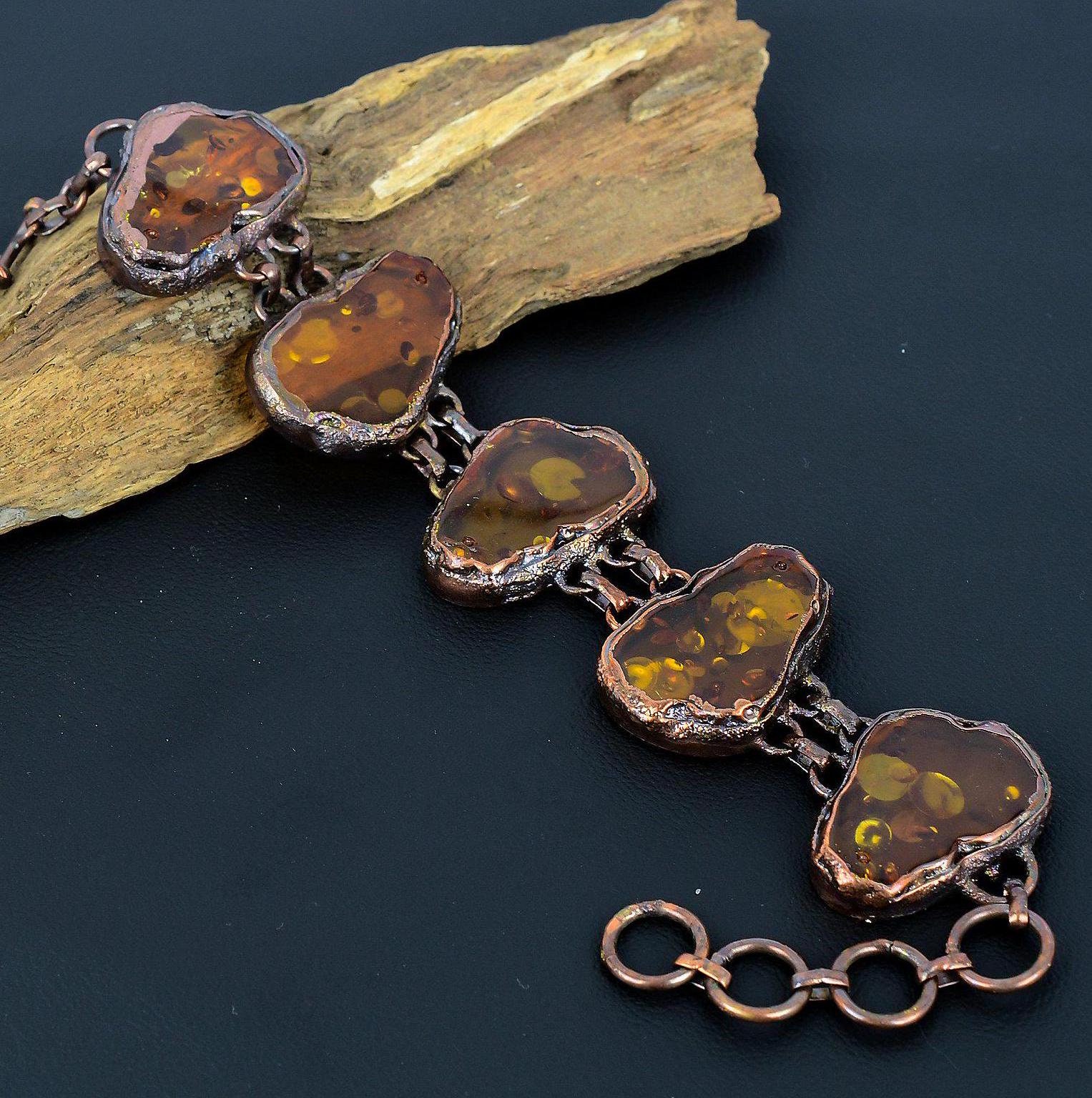 Baltic Amber Bracelet, Copper Electroformed Bracelet, Adjustable Chain Bracelet, Handmade Jewelry, Crystal Bracelet, Gifts For Wife & Mom