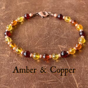 Amber + Copper Bracelet – Wire & Clasp Multi-color Amber Jewelry, Cherry, Honey + Lemon Amber, Gift For Men And Women