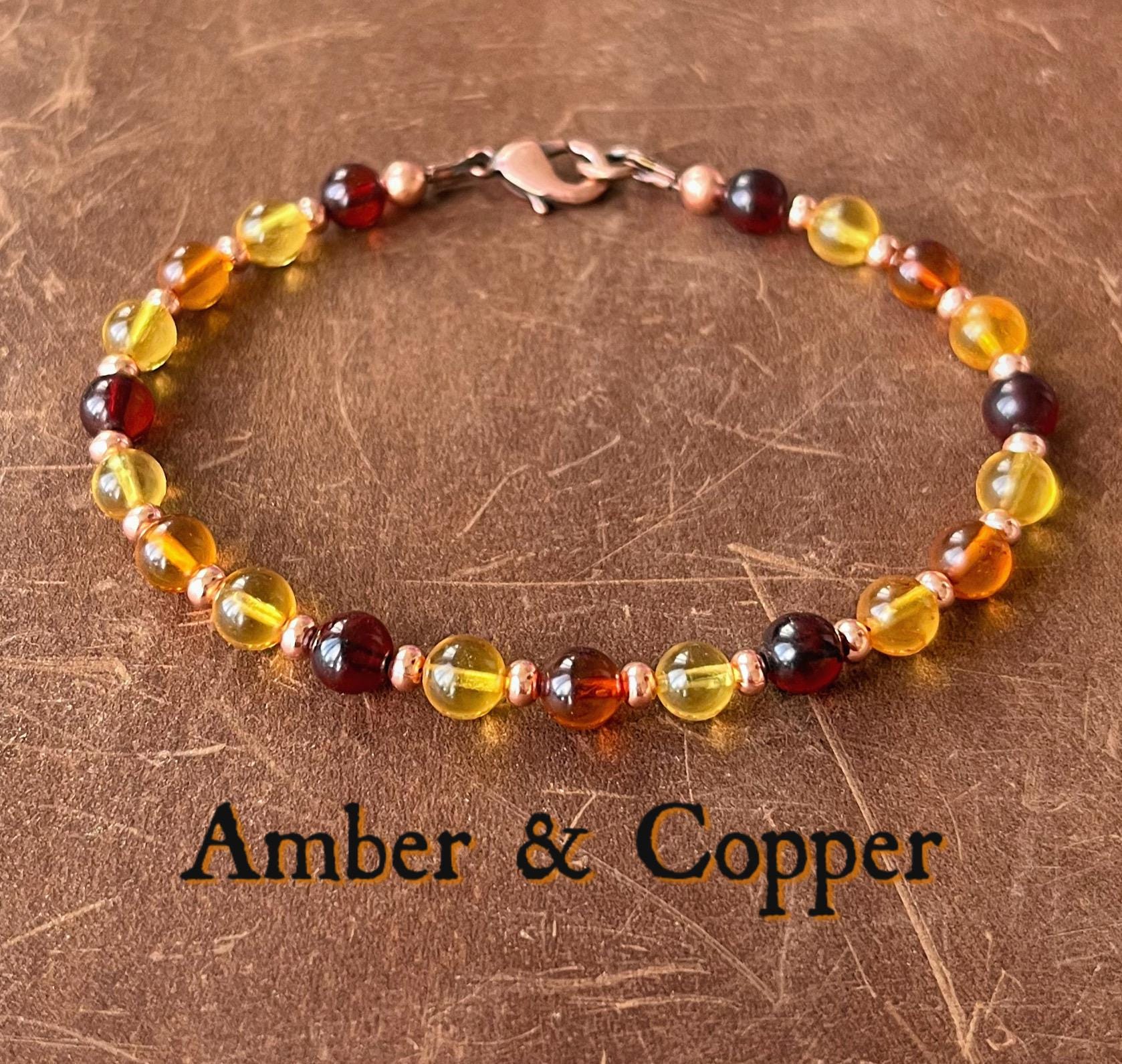 Amber + Copper Bracelet – Wire & Clasp Multi-color Amber Jewelry, Cherry, Honey + Lemon Amber, Gift For Men And Women