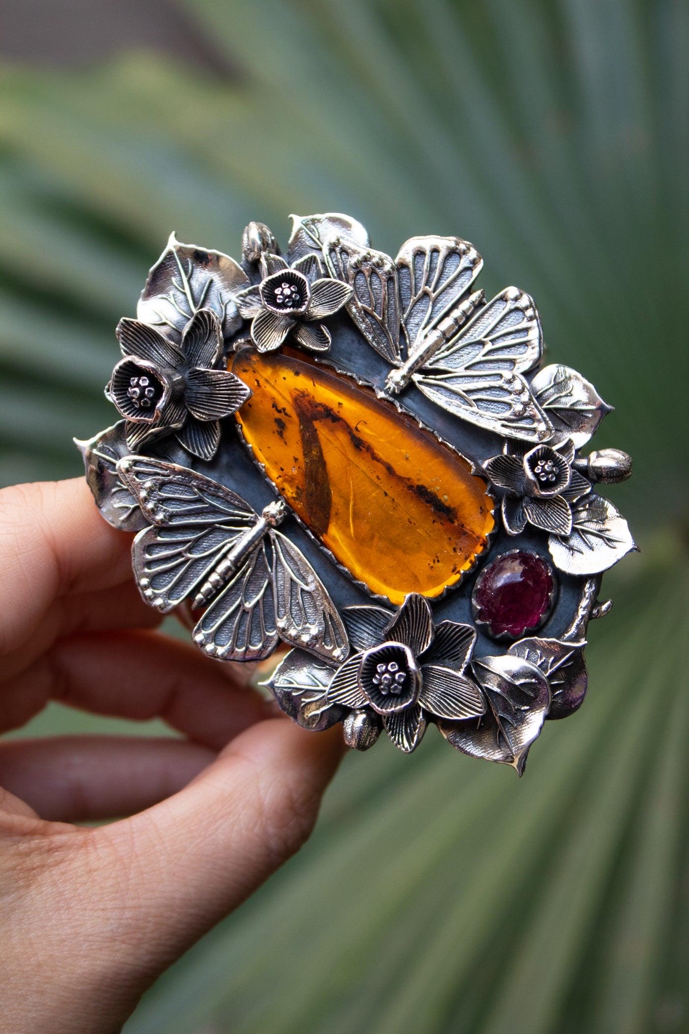 Amber Cuff Bracelet: Sterling Silver Floral Botanical Statement Jewelry