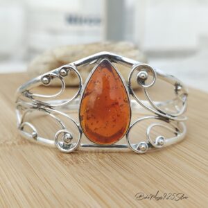 Amber Gemstone Bangle, 925 Sterling Silver Handmade Jewelry, Adjustable Cuff Boho Bracelet Amber Gemstone Bangle, 925 Sterling Silver Handmade Jewelry, Adjustable Cuff Boho Bracelet