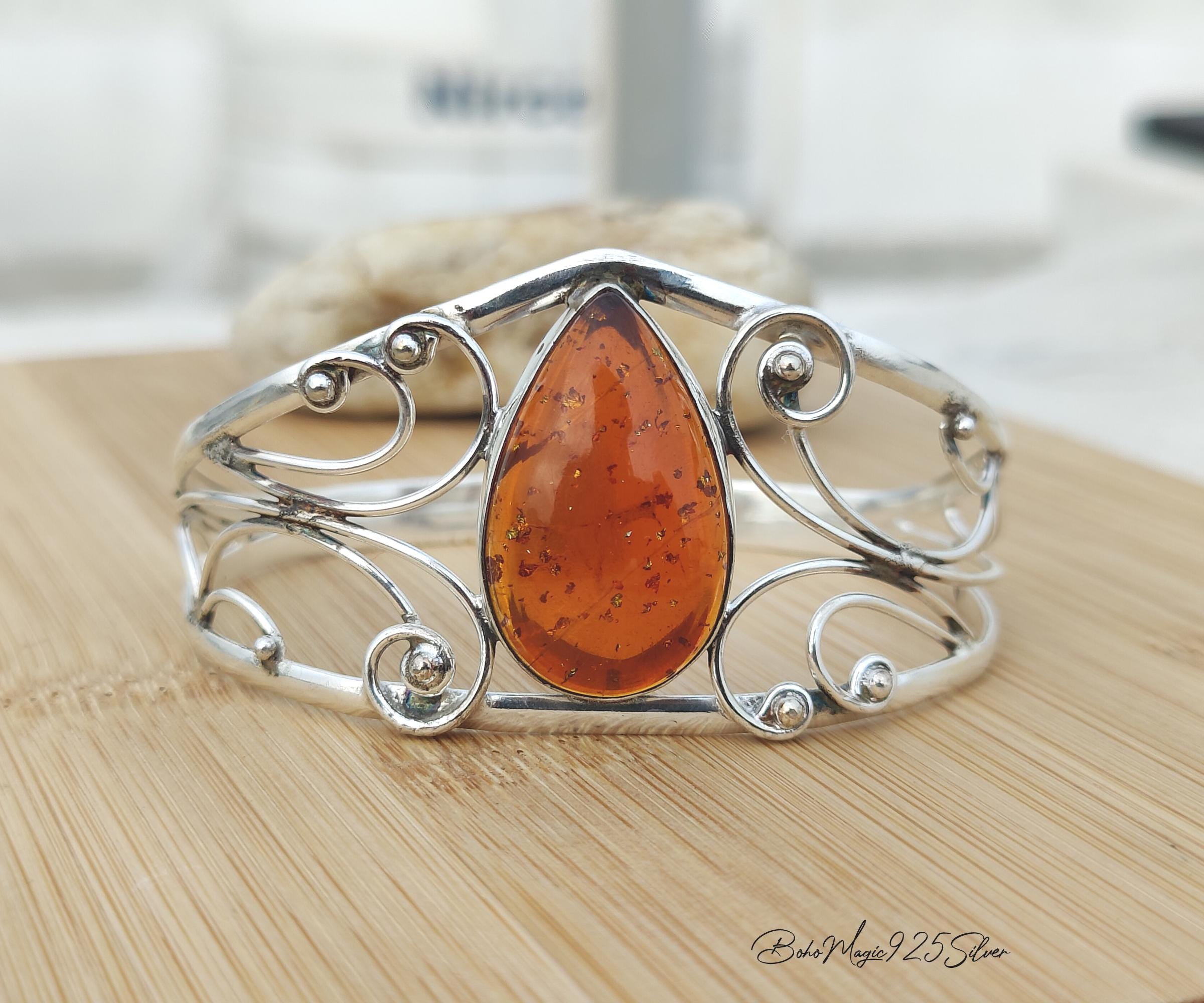 Amber Gemstone Bangle, 925 Sterling Silver Handmade Jewelry, Adjustable Cuff Boho Bracelet Amber Gemstone Bangle, 925 Sterling Silver Handmade Jewelry, Adjustable Cuff Boho Bracelet