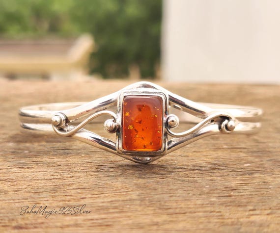 Handmade Amber Sterling Silver Bangle: 925 Gemstone Cuff Bracelet
