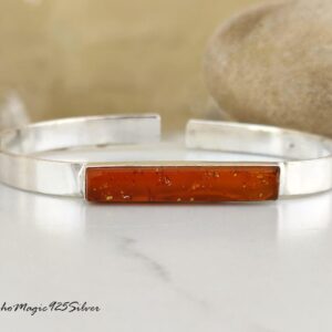 Handmade Amber Sterling Silver Bangle: Adjustable Gemstone Cuff Handmade Amber Sterling Silver Bangle: Adjustable Gemstone Cuff