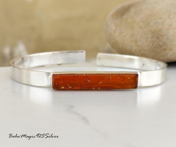 Handmade Amber Sterling Silver Bangle: Adjustable Gemstone Cuff