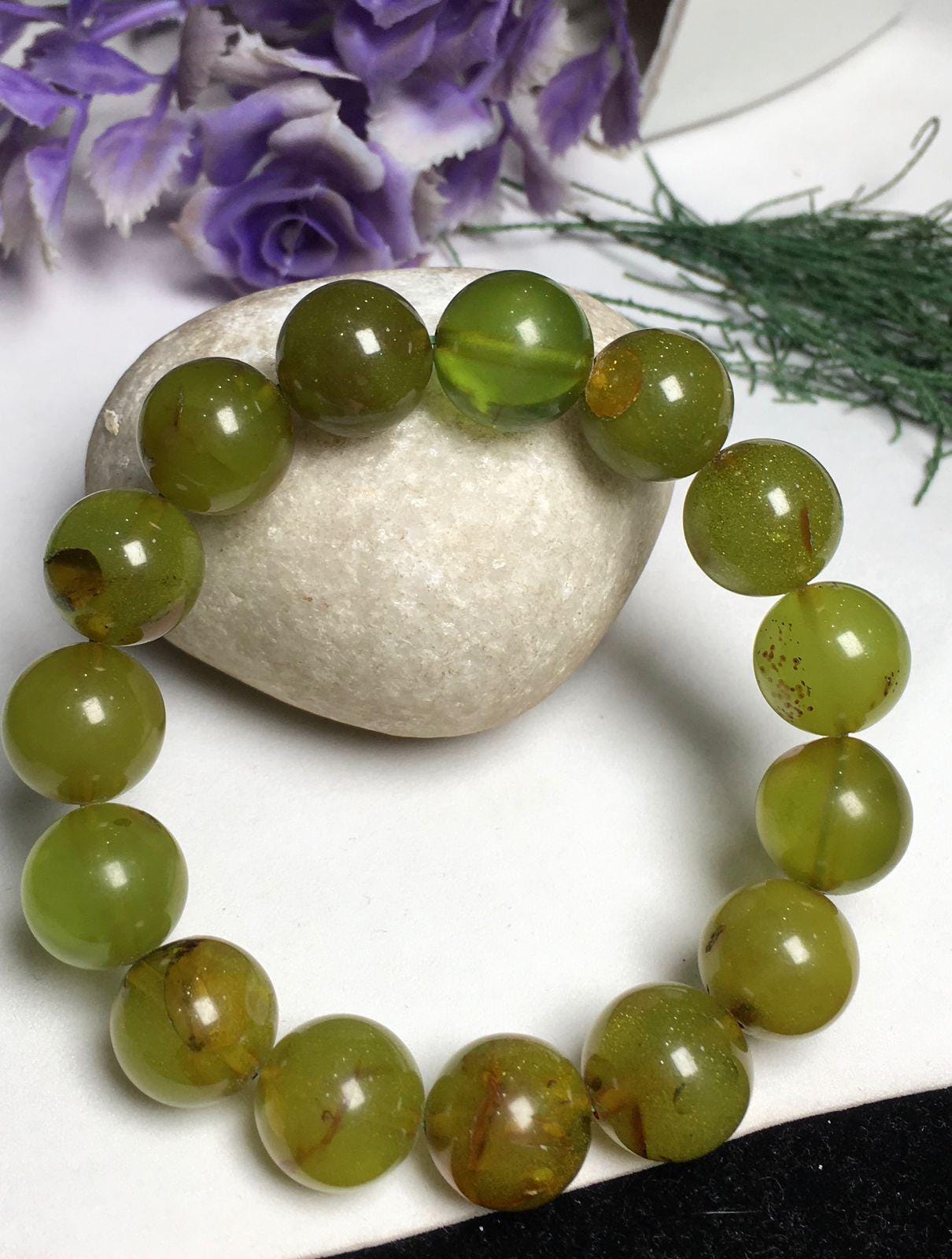 Natural Light Green Amber , Smooth Round Gemstone Beaded Bracelet , Size 12-13 Mm Gemstone Bracelet , 7 Inches Adjustable Stretchy Bracelet