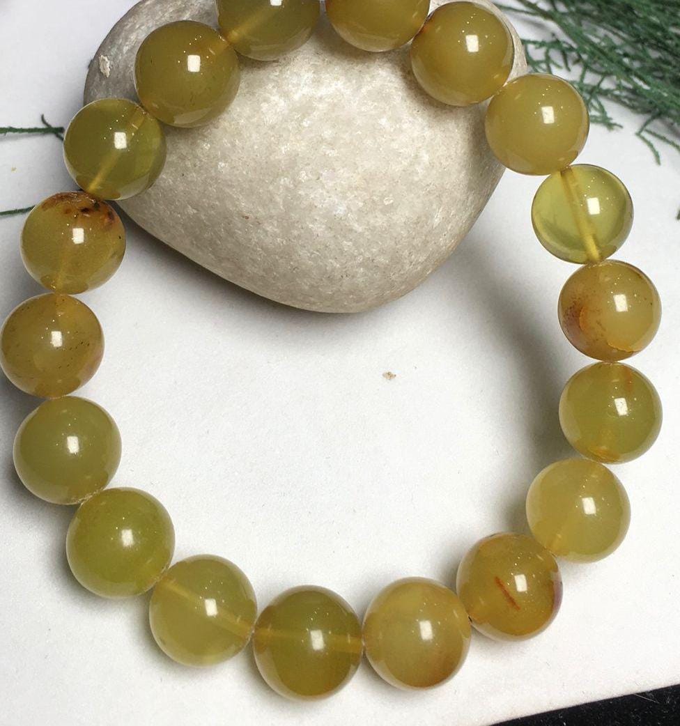 Natural Light Green Amber , 11 Mm Smooth Round Gemstone Beaded Bracelet , Genuine Amber Bracelet , Aaa Unisex Bracelet , Gift For Her