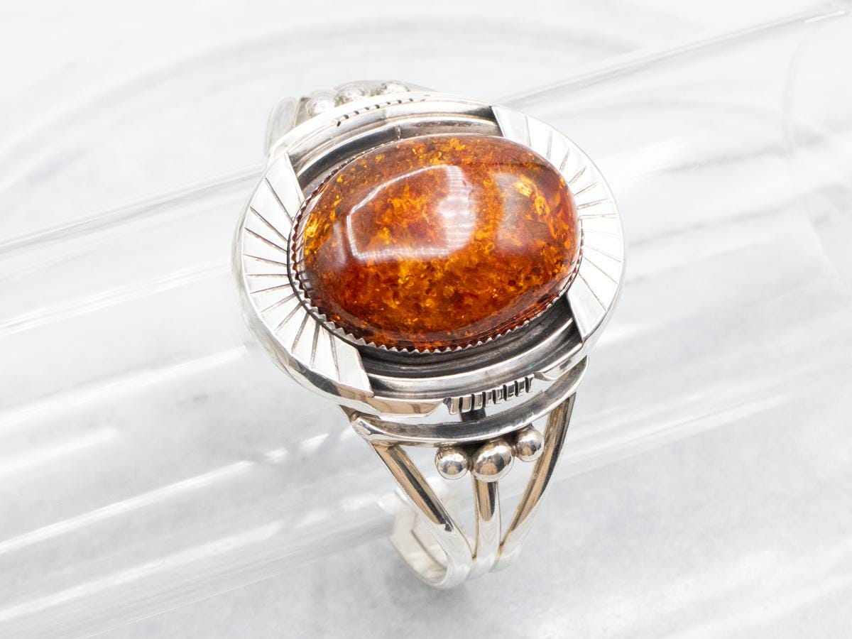 Navajo Amber Sterling Silver Cuff Bracelet, Native American Jewelry Navajo Amber Sterling Silver Cuff Bracelet, Native American Jewelry
