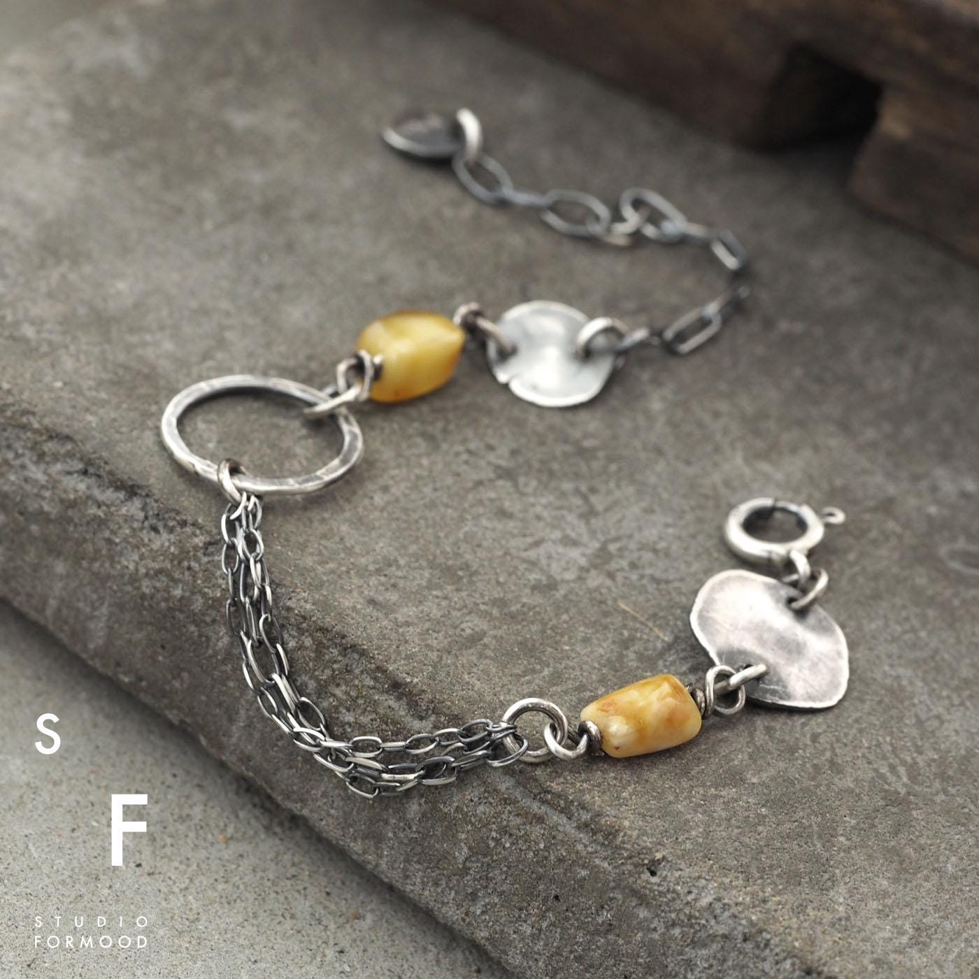 Oxidized Silver Baltic Amber Bracelet – Adjustable, Delicate Oxidized Silver Baltic Amber Bracelet – Adjustable, Delicate
