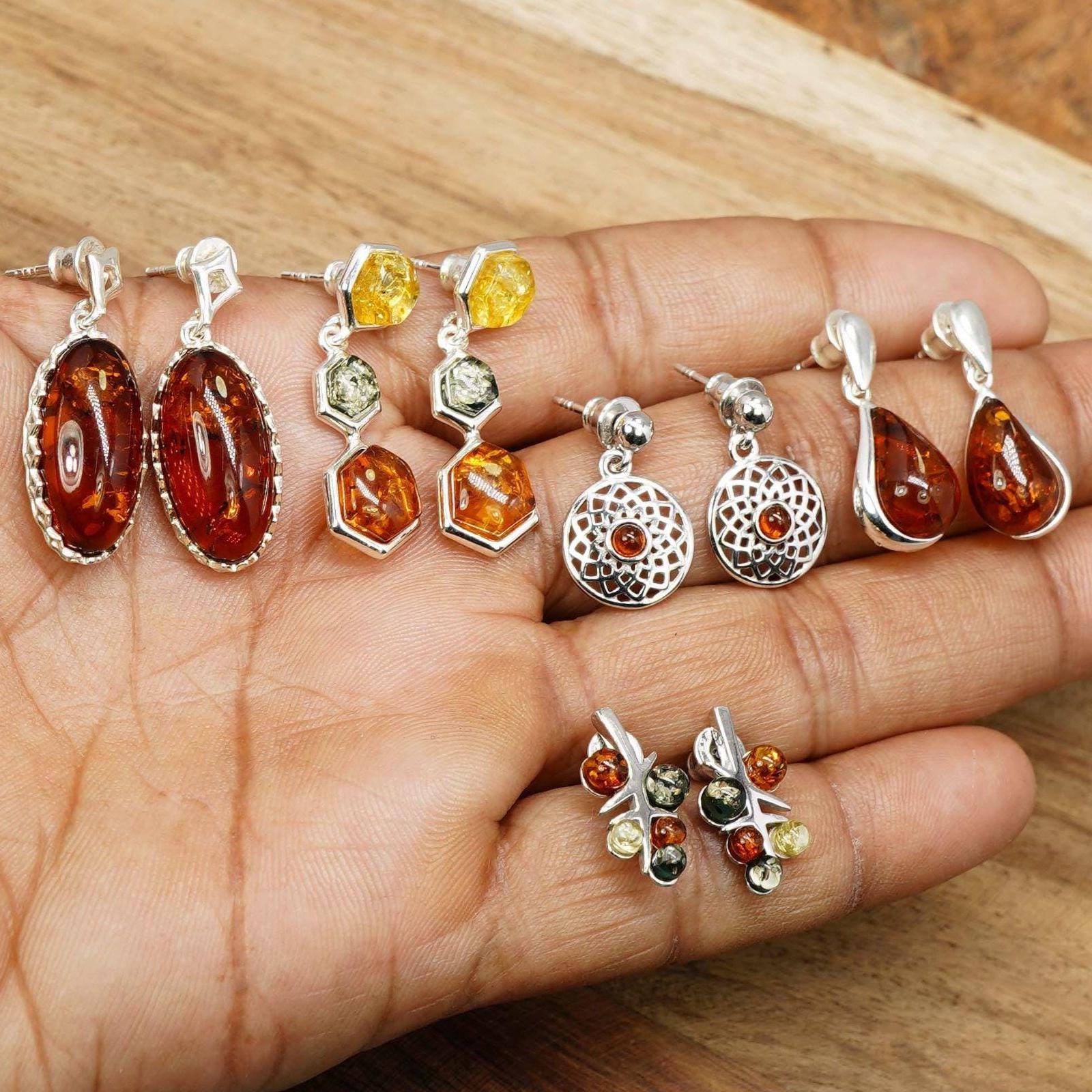 Baltic Amber 925 Sterling Silver Handmade Elegant Stud Earrings