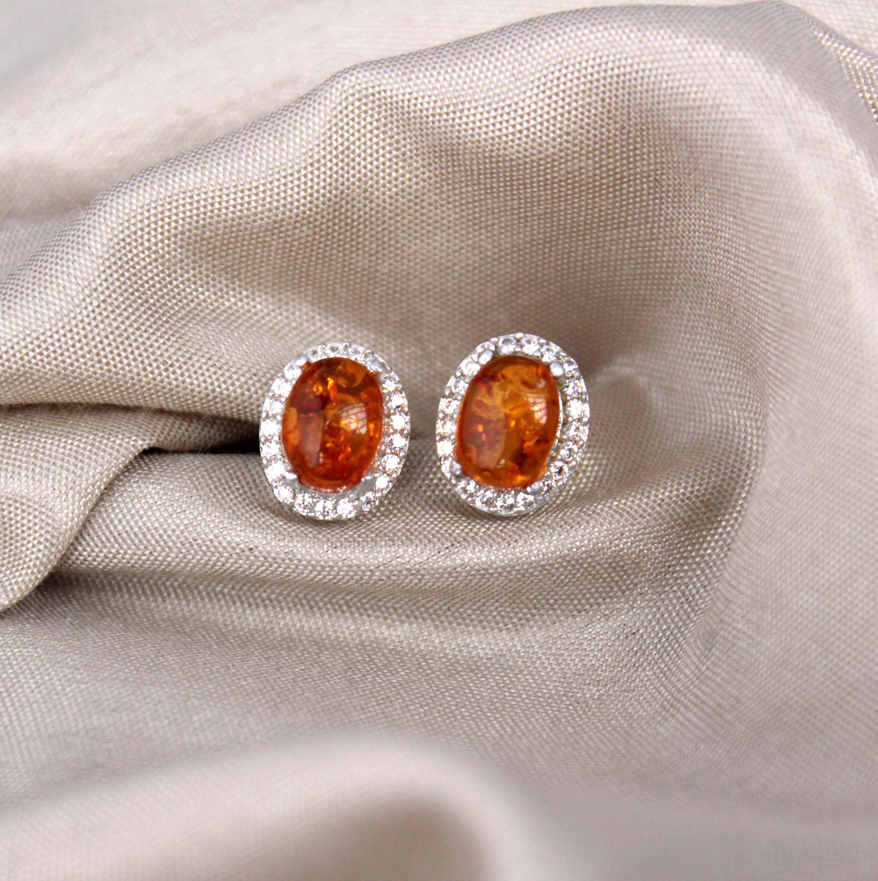 Baltic Amber Earrings-cluster Baltic Amber Stud-amber Earrings-minimalist Amber Earrings-orange Cabochon Earrings-925 Silver Stud-amber Oval