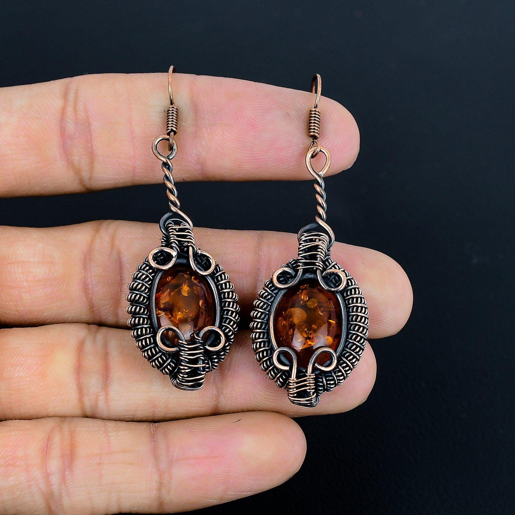 Baltic Amber Earrings Copper Wire Wrapped Earrings Baltic Amber Gemstone Earrings Copper Jewelry Dangle Earrings Gift For Her Amber Jewelry