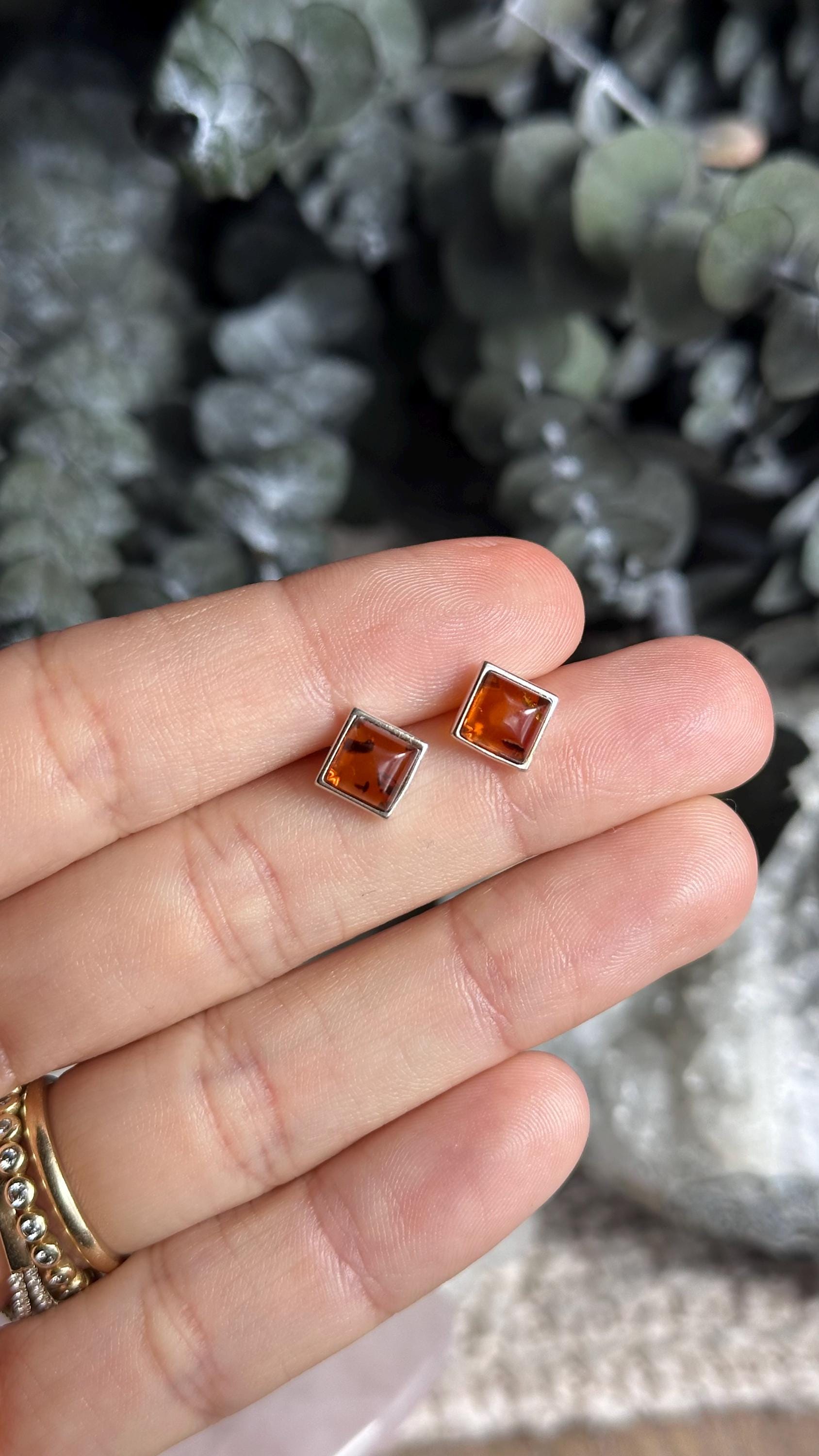 Baltic Amber Crystal Stud Earrings, .925 Silver, Sterling Post Earring,