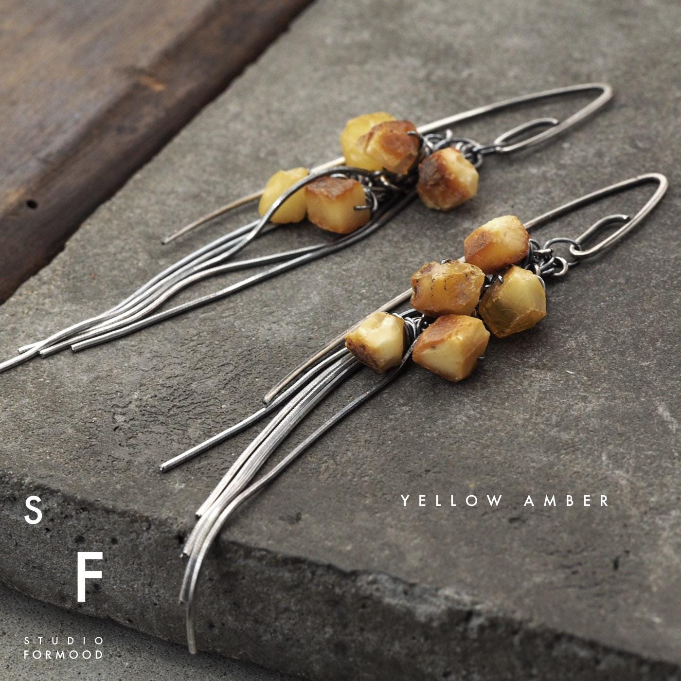 Baltic Amber & Oxidized Sterling Silver Drop Earrings – Handmade Modern Jewelry