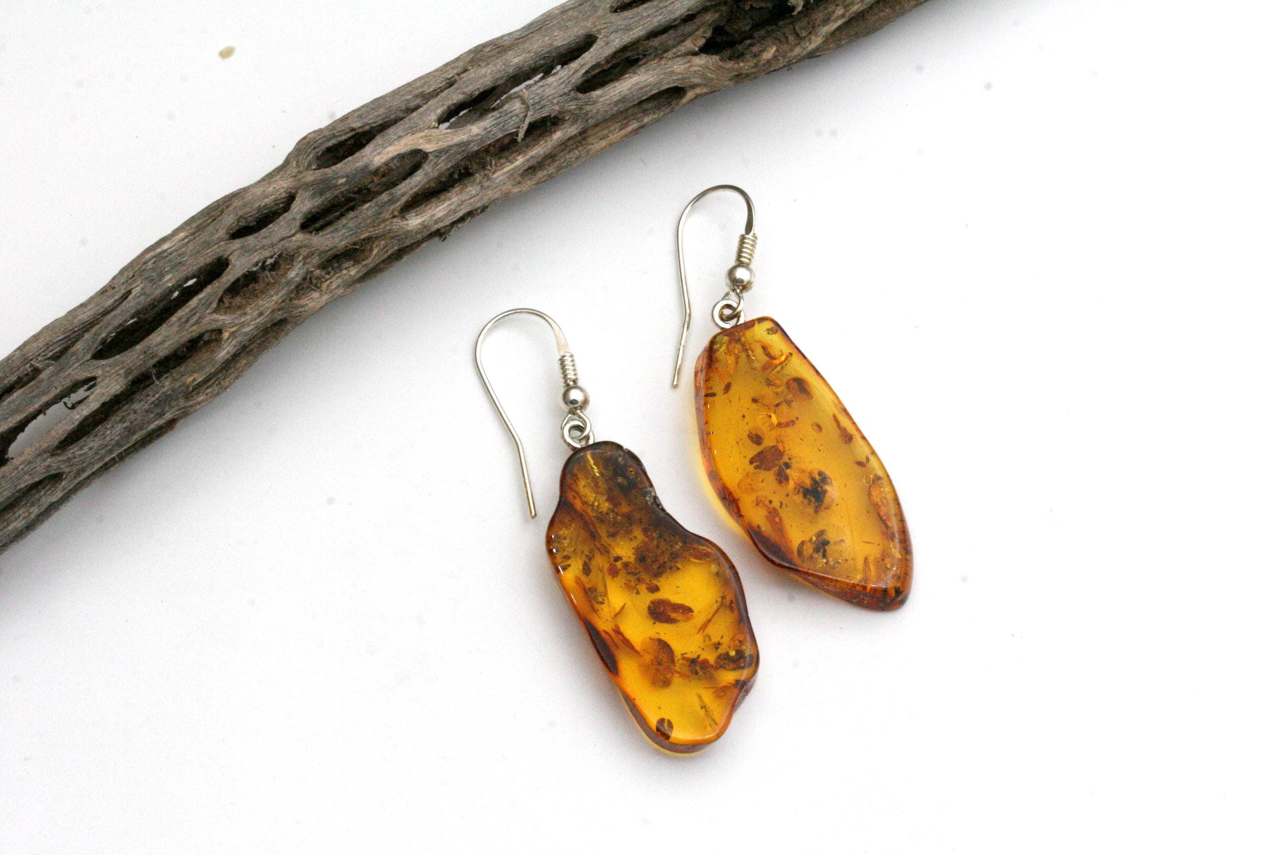 Baltic Amber Earrings – Sterling Silver, Freeform Dangle Jewelry