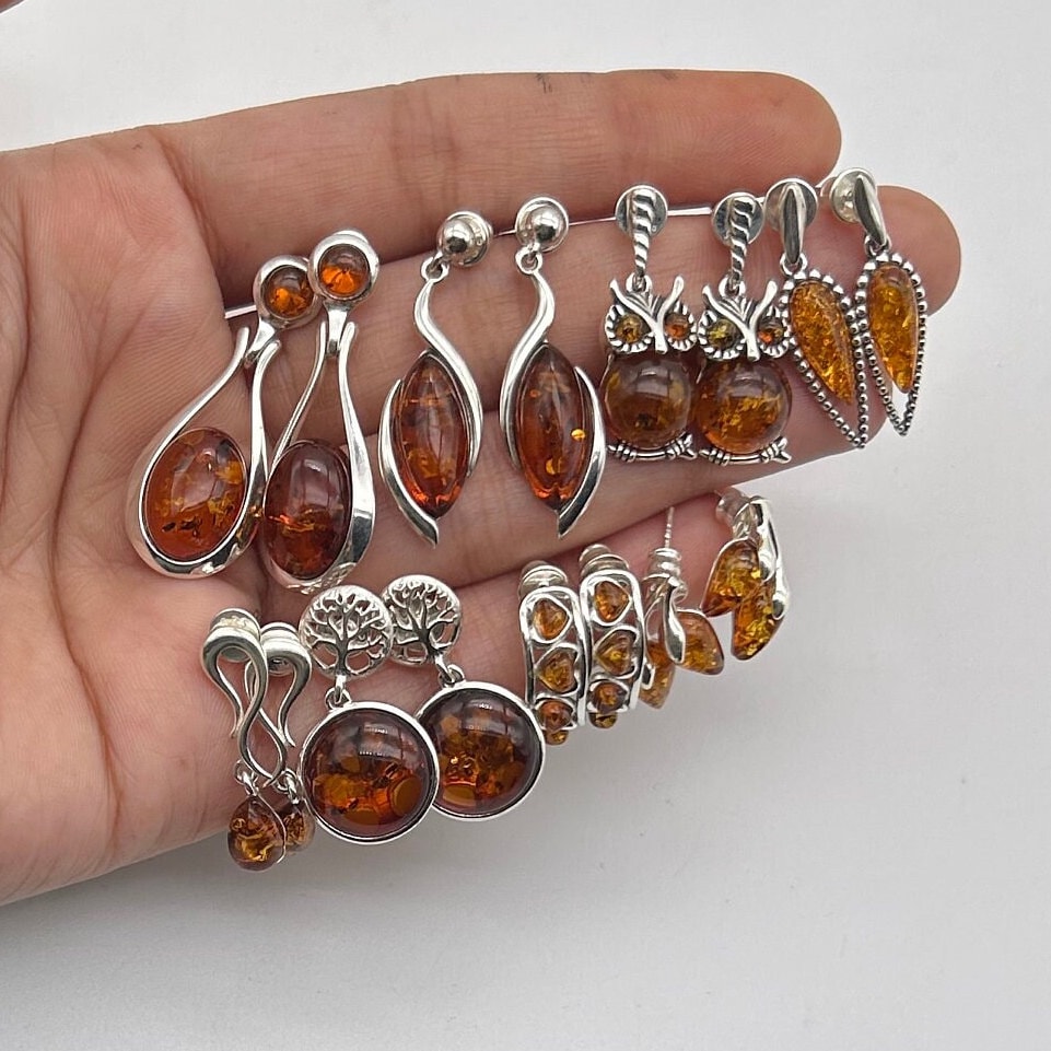 Baltic Amber Stud Earrings: 925 Sterling Silver, Handmade Jewelry